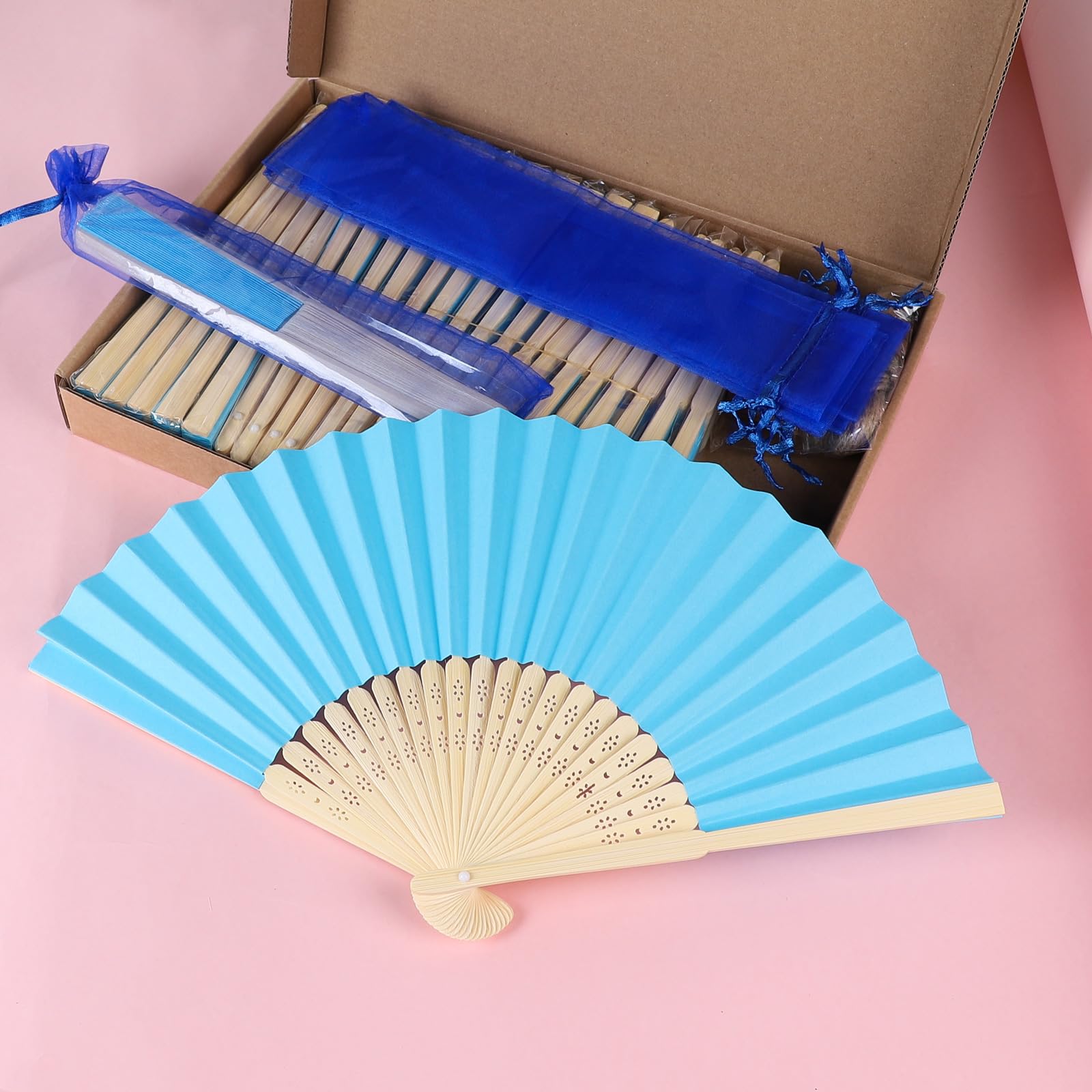 SWAWIS 28 Piezas Azul Abanicos de Papel, Abanico Plegable con 30 Bolsas de Organza y Tarjetas de Agradecimiento, Abanicos de Bambú para Bodas Bautizos Decoraciones Fiestas DIY