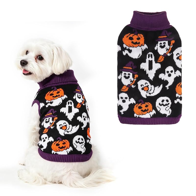 Suéter para Cães de Halloween com Gola Alta e Estampa de Abóbora Fantasma EXPAWLORER Preto, Tamanho Small