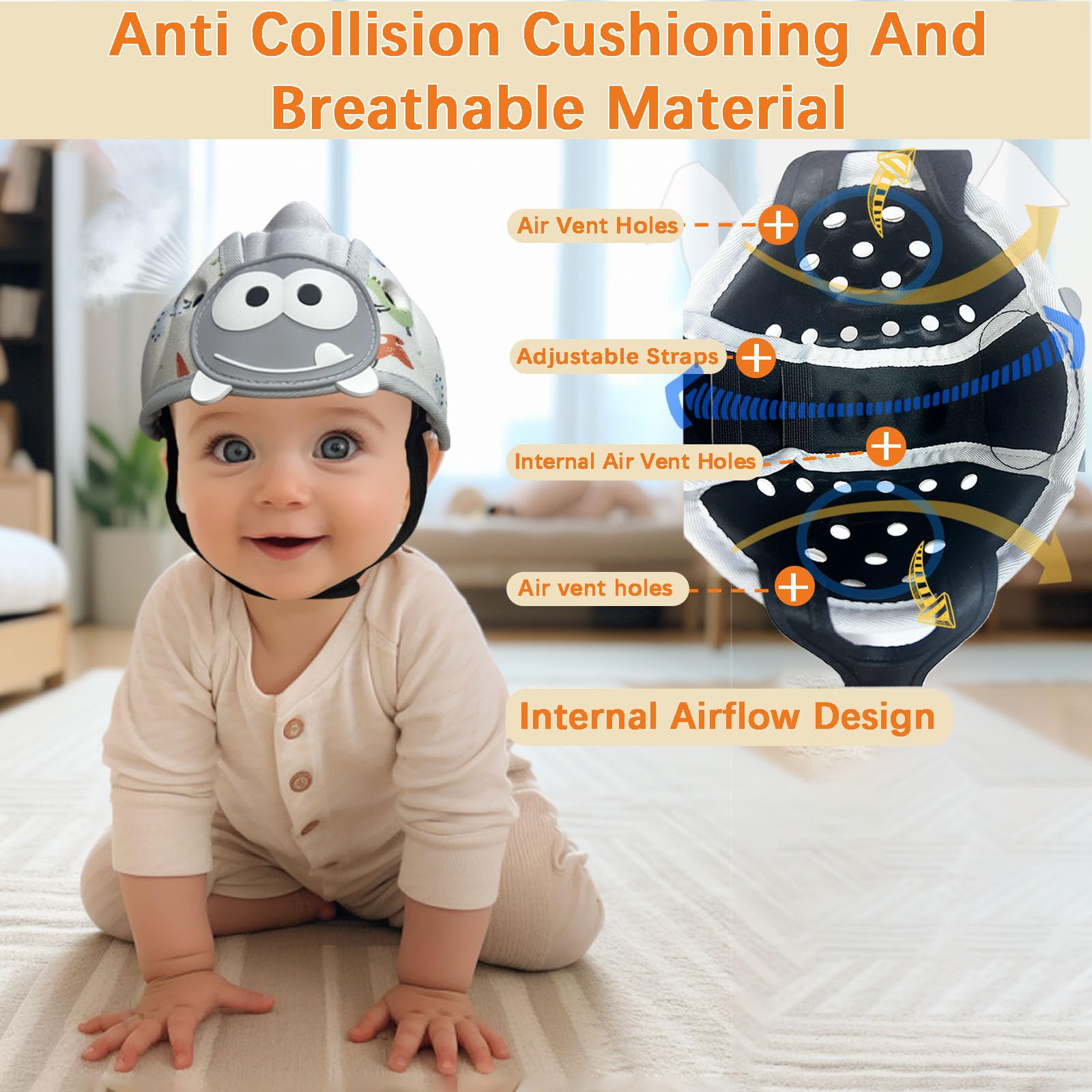 Casco de bebé para caminar gateando, casco de seguridad infantil suave, casco de bebé de 1 a 2 años para protector de cabeza anticaídas, ajustable, transpirable