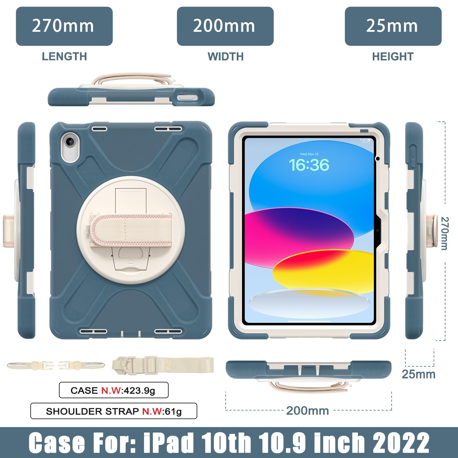 Pokrowiec na tablet Kompatybilny z etui iPad 10. generacji 10,9 cala 2022, wytrzymałe, odporne na wstrząsy etui ochronne z paskiem na ramię, etui ochronne silikonowe dla dzieci(Blue 1)