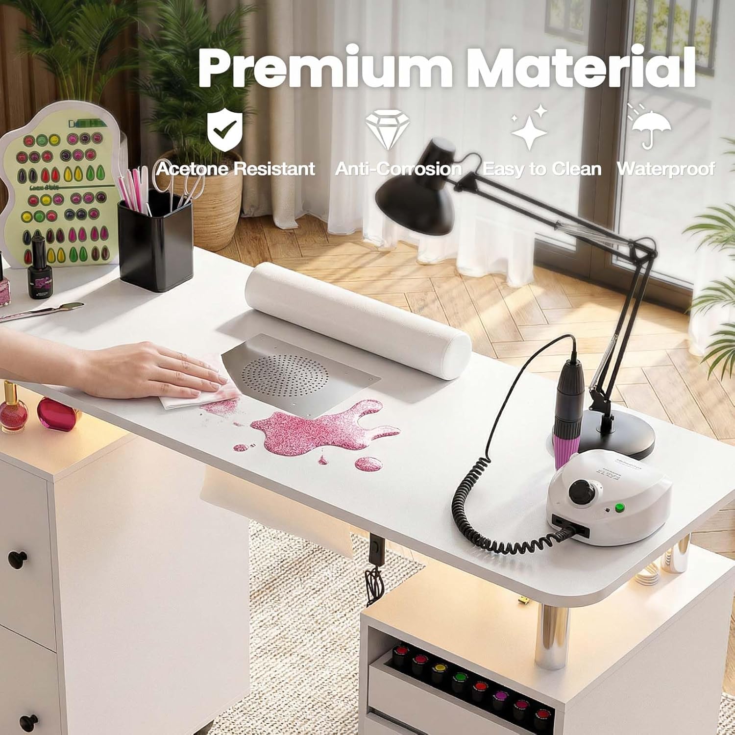 Nail Tech Table with Dust Collector & LED Light, Rolling Manicure Desk with Storage Drawers & Cabinets, Lockable Wheels, Acetone-Resistant Beauty Workstation for Salon, Home (White)