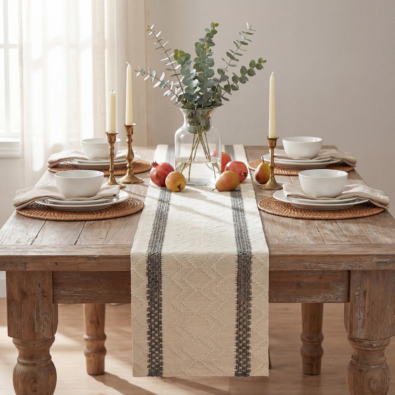 Artoid Mode Dark Grey Stripe Woven Table Runner, Seasonal Holiday Hollow Kitchen Dining Table Decoration for Home Party Decor 12x72 Inch