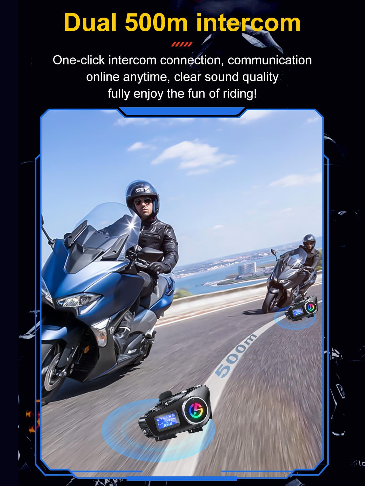 C1 Interfono Bluetooth per Casco Moto, Interfono Moto 500m con Condivisione Musica, Radio FM, Slot Micro SD, Batteria 1000mAh - Compatibile con Diversi Tipi di Casco