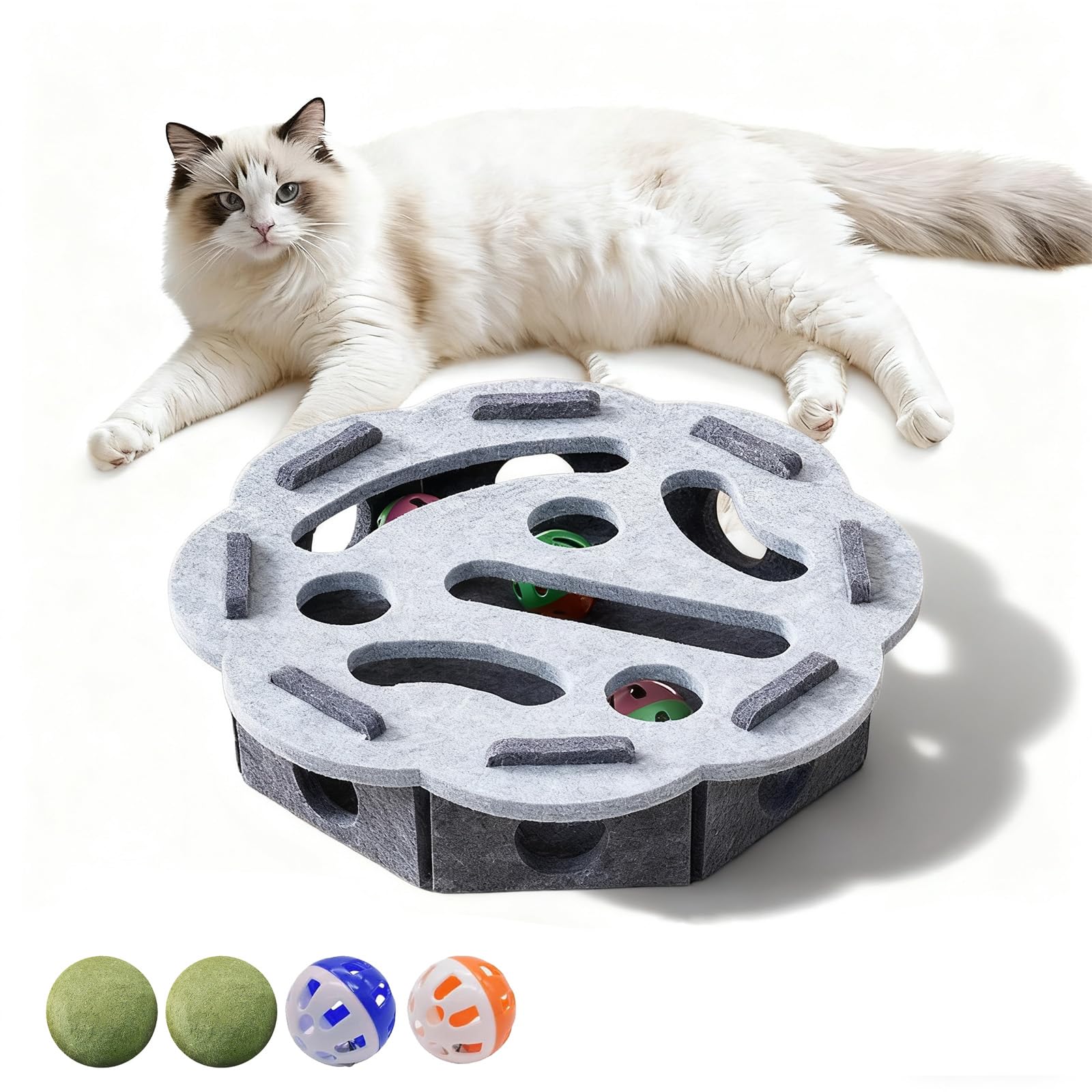 Cat Nail File Enrichment Box, Upgraded Cat Nail File Scratcher with Bell Balls, Cats Scratch Puzzle Enrichment Box: Nail File Stress Free Alternative to Clippers and Grinders (Flower-Grey, Finished)