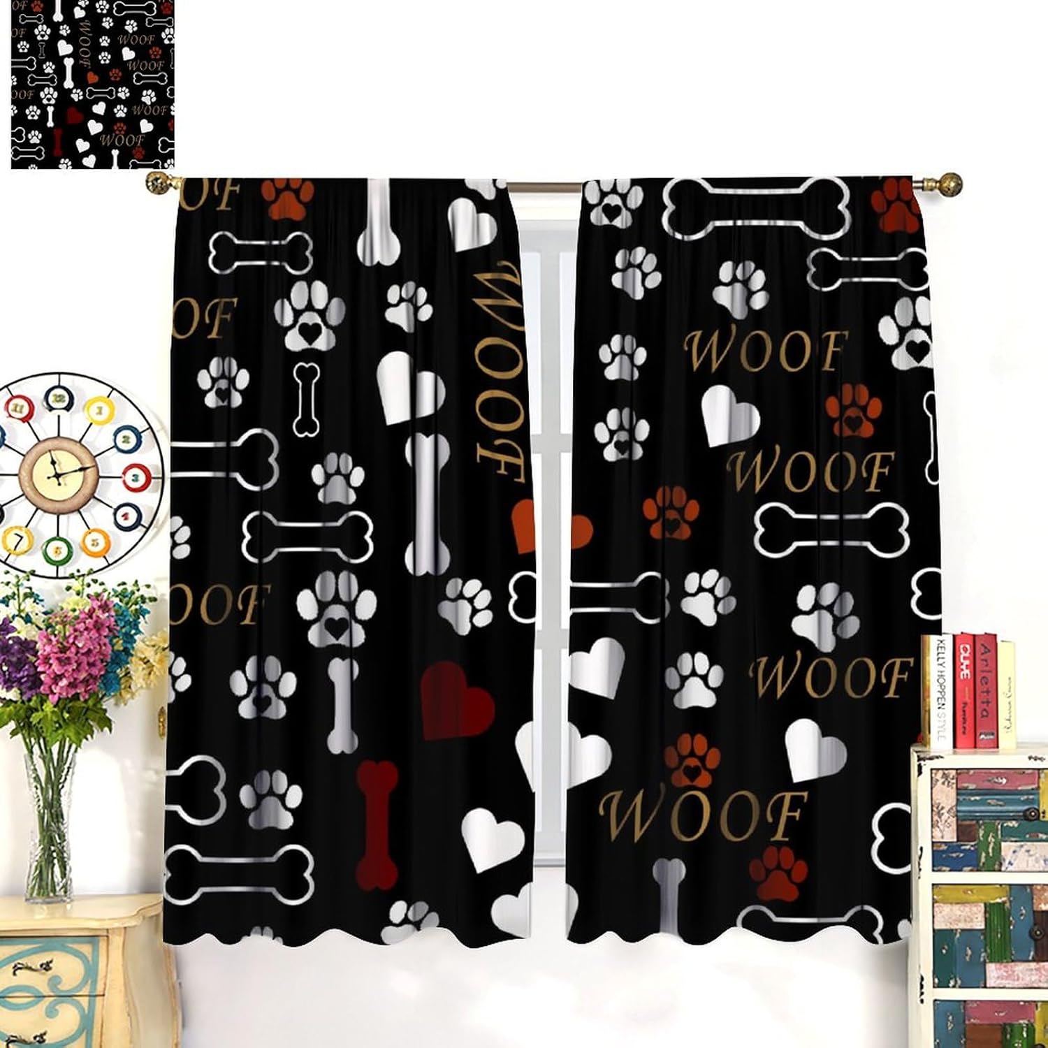Dog Paw Print Curtains for Kids Boys Girls Bedroom Decor Paw Print Bones Art Printed Blackout Window Drapes for Kitchen Decor Fabric Set 2 Panel 42x54 Inch 80% Shading Rate