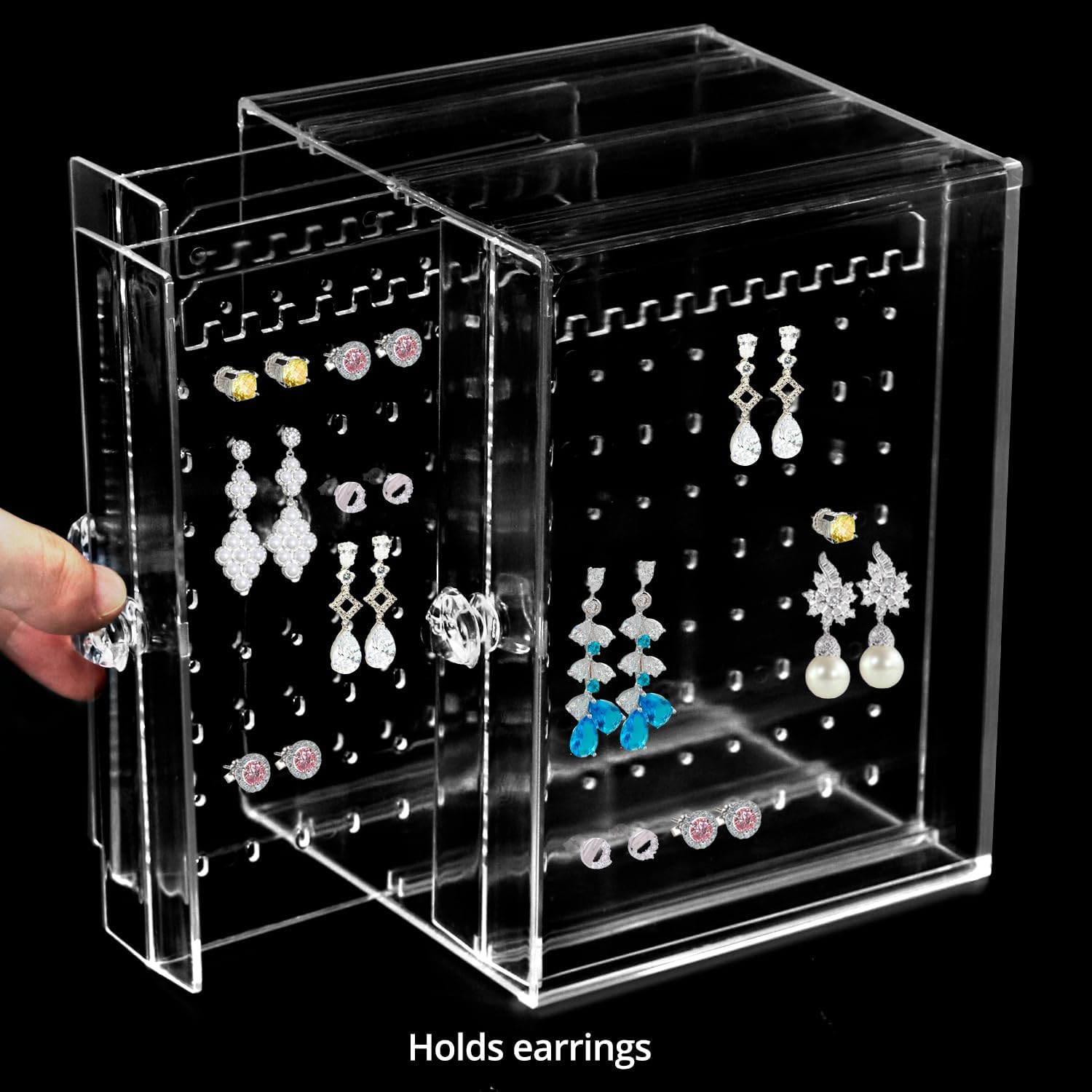 QWORK Clear Acrylic Jewelry Storage Box - Earring Display Stand Holder with 3 Vertical Slide-Out Drawers, 216 Earring Holes & 36 Necklace Grooves
