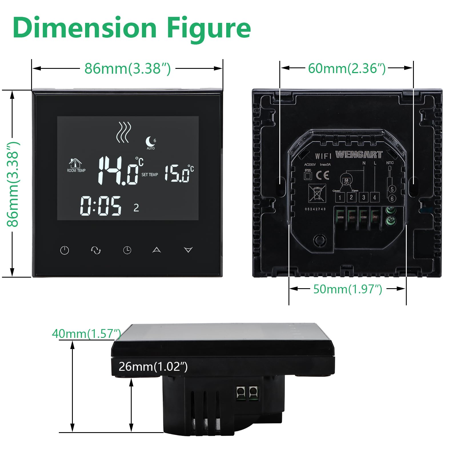 Wengart Domowy programowalny termostat WG03-4, AC230V Max3A ekran dotykowy LCD Praca do promiennego ogrzewania podłogowego czarny