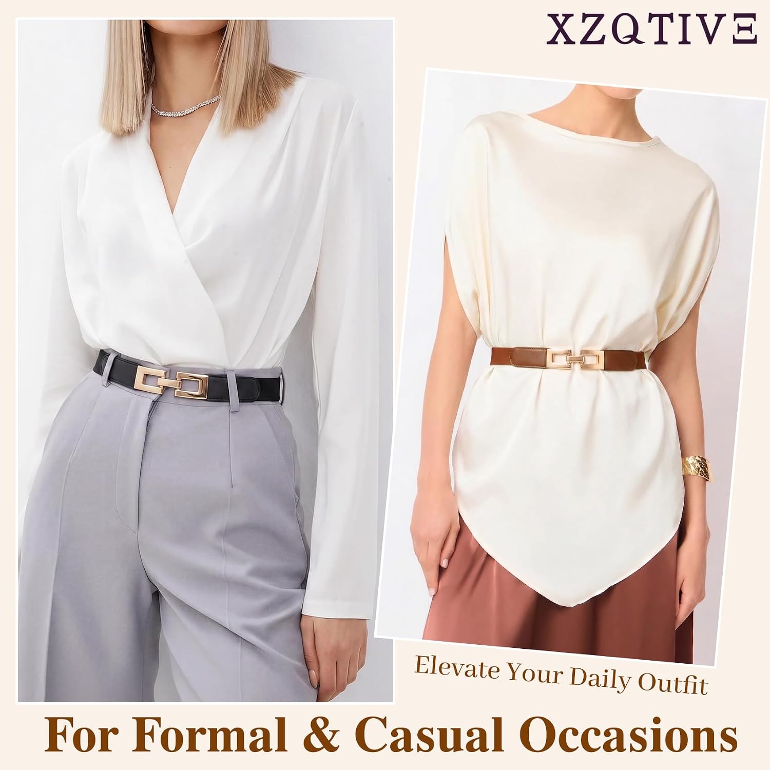 XZQTIVE 2 Pack Women Thin Elastic Belts for Dress,Trendy Skinny Stretchy Belt for Women,Waist Belt with Golden Buckle