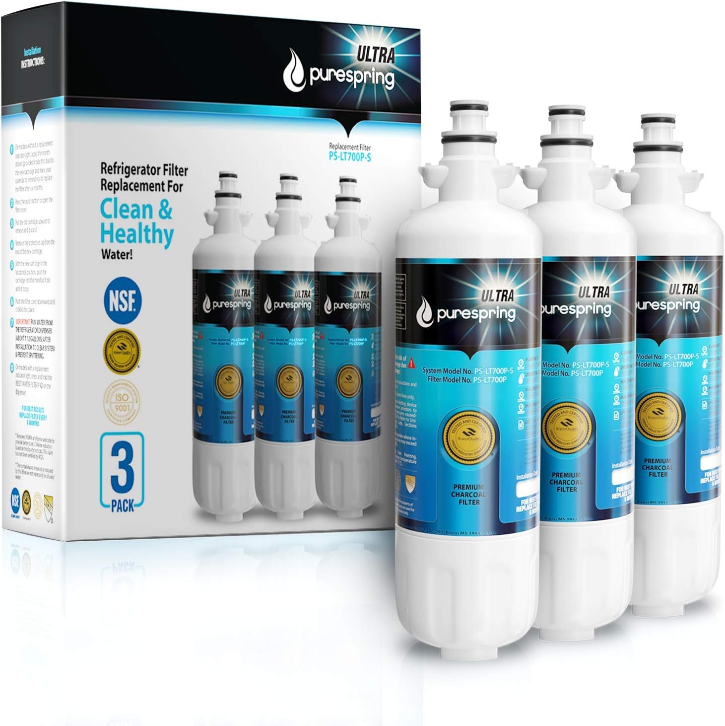 PureSpring Ultra Certified Replacement Refrigerator Water Filter for LG ADQ36006101 LT700 LT700P ADQ36006101-s ADQ36006102 LFXS24623S LFX28968ST LFXS30766S Kenmore 469690 NSF 53/42 Certified (3 Pack)