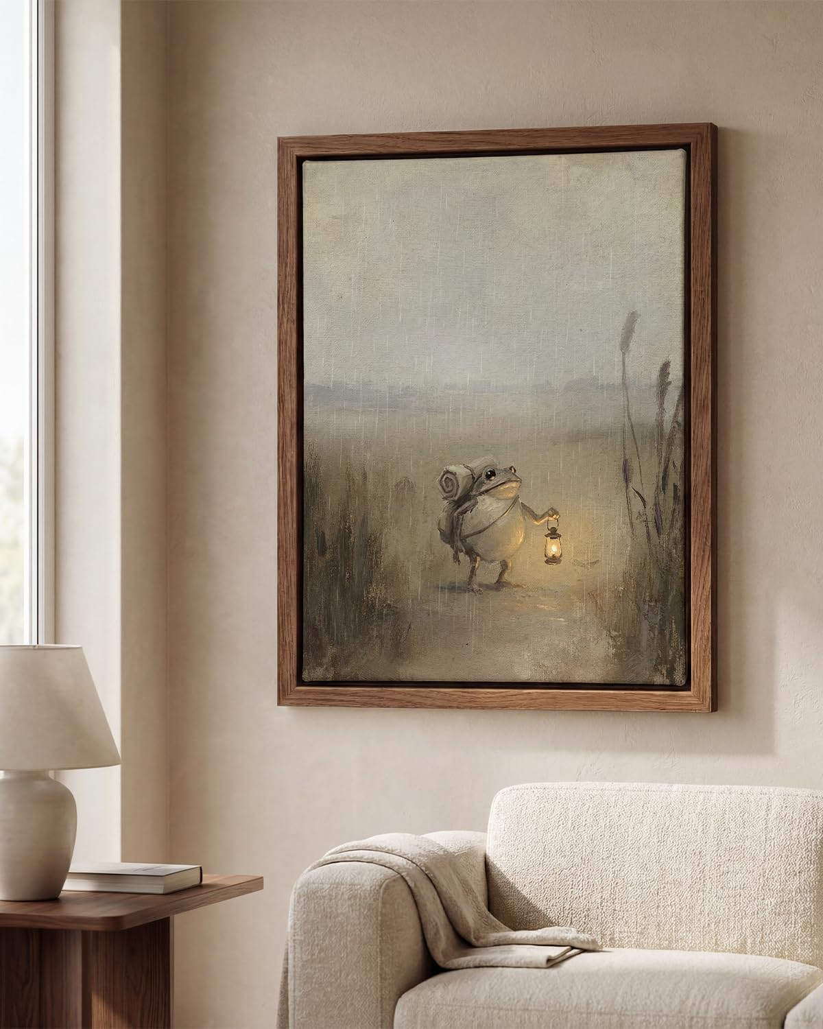 Whimsical Frog Framed Canvas Wall Art 12x16 Inch – Vintage Rainy Night Traveler with Lantern Painting – Cozy Cottagecore Woodland Neutral Wall Decor for Bedroom, Office or Reading Nook