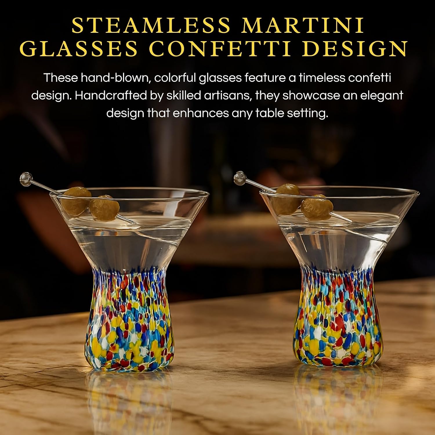 Large Stemless Martini Glasses – Set of 2-8oz Luxury Hand Blown Confetti Margarita, Martinis, Cocktails, Water, Wine, Dessert & Champagne Glasses Cinco de Mayo, Hand Blown - Mexican Confetti Glass image 3