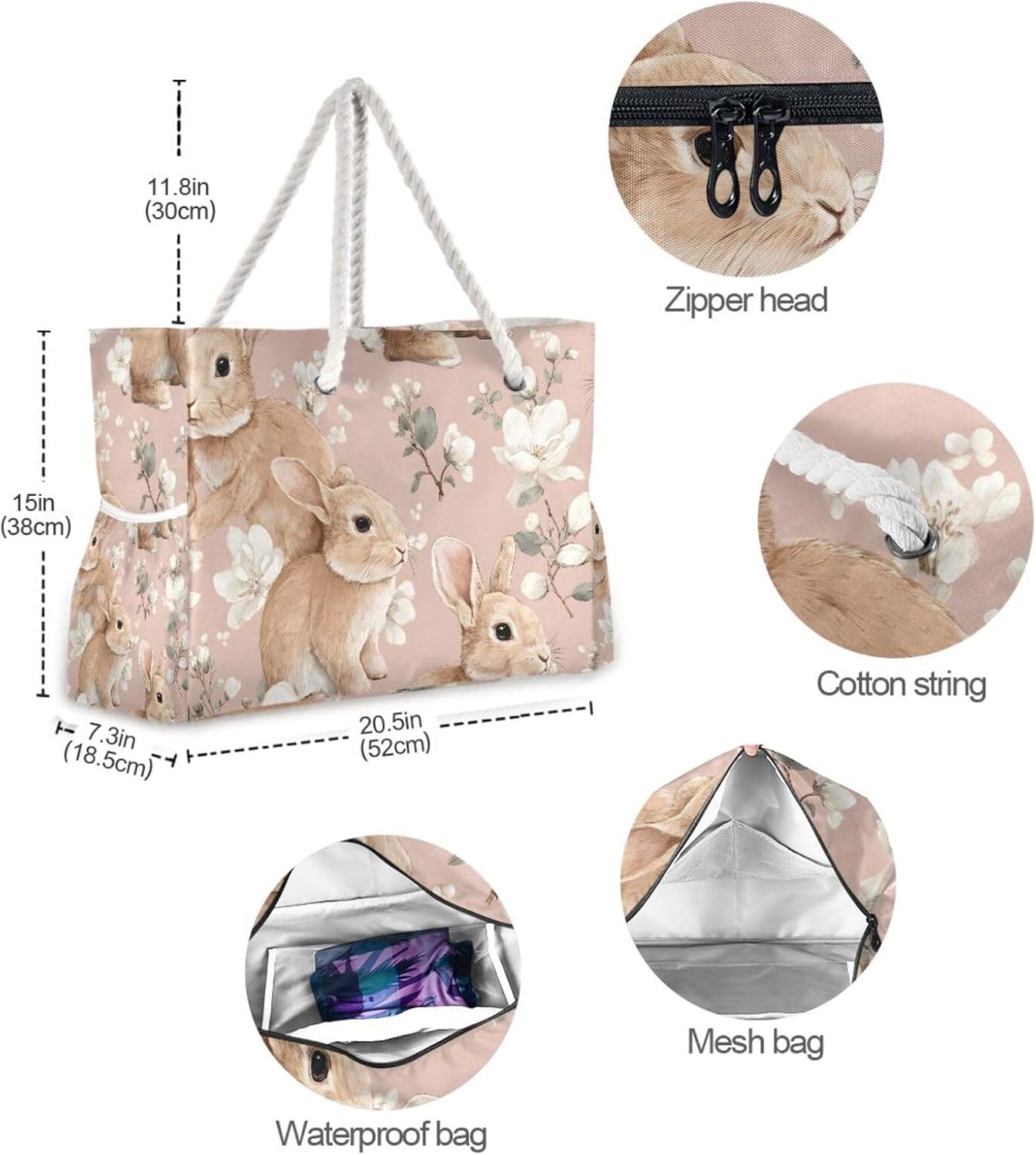 OTVEE Bunny and Blossom Print Beach Bags for Women Ladies Large Canvas Tote Shoulder Bag Waterproof Travel Bags for Gym Swim Pool Camping