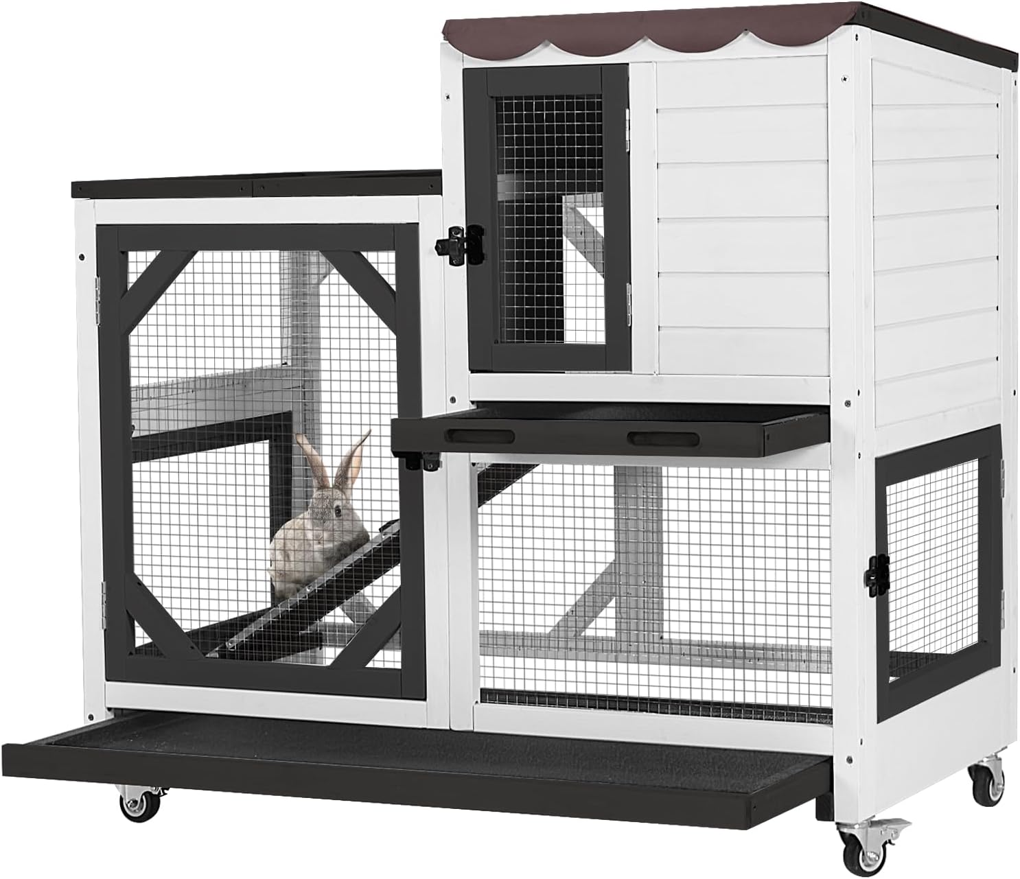 GUTINNEEN Rabbit Hutch Indoor Outdoor 2 Story Bunny House on Wheels Wood Rabbit Cage with 2 Pull Out Trays Guinea Pig Cage (Black)
