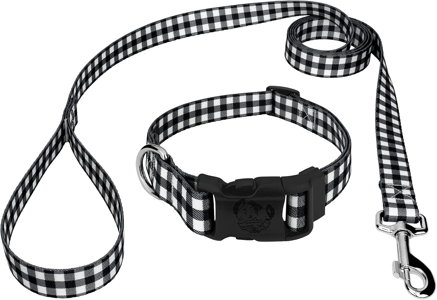 Country Brook Petz - Black & White Buffalo Plaid Everyday Dog Collar and Leash - Christmas Collection Featuring Festive Designs (1 Inch, Medium)