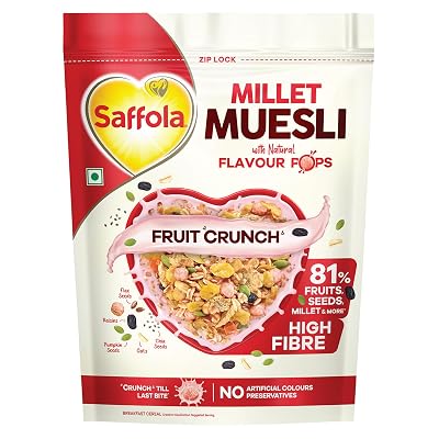 Saffola Millet Muesli with Crunchy Flavour Pops & High Fibre | 650g | Fruit Crunch | 81% Fruits, Seeds & More | Power of Millet | Goodness o