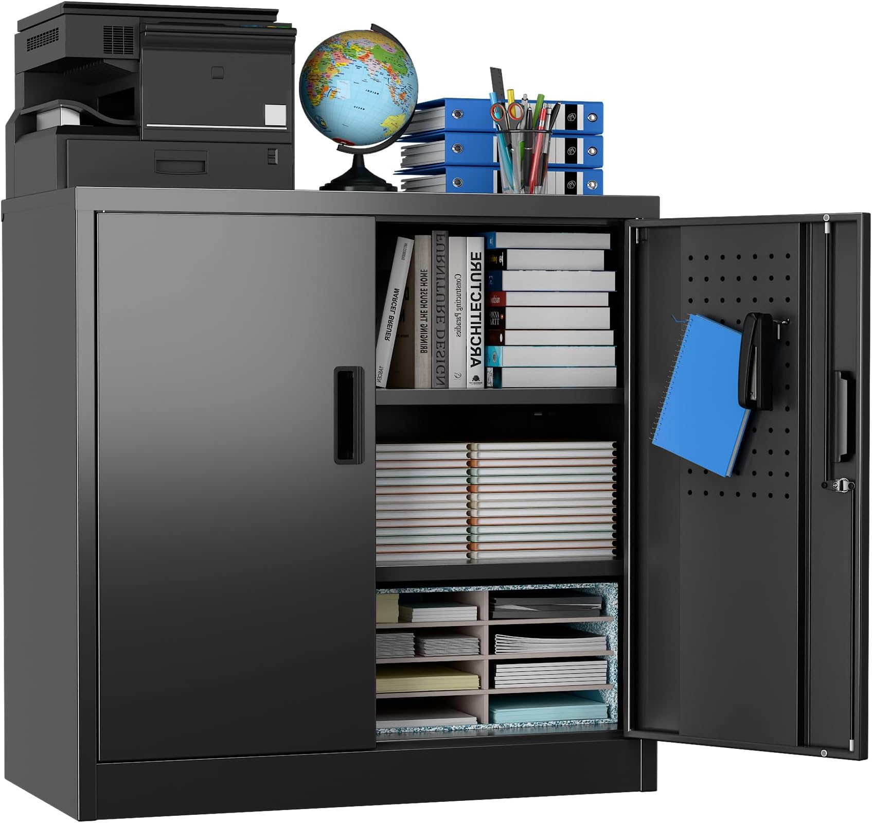 SUXXAN Metal Storage Cabinet with Pegboard 31.5”H×31.5”W×16.5”D, Lockable Rolling Steel Storage Cabinet with 2 Adjustable Shelves and Door for Garage, Office, Kitchen, Assembly Required(Black)