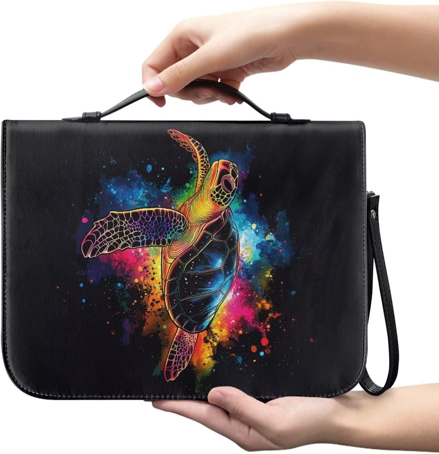 Splatter Painting Turtle Print PU Leather Bible Cover for Women Men Multifunctional Bible Book Carrying Case with Detachable Wristlet Strap Church Bag for Daily Use Bible Gift, XL