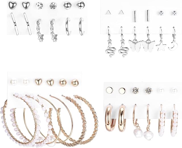 JeryWe 24 Pairs Assorted Fashion Earrings Set for Women Teens Multiple Stud Earrings Crystal CZ Faux Pearl Ball Bar Stud Earrings Silver Gold Dainty Hoop Drop Dangle Earrings Multipack for Gift