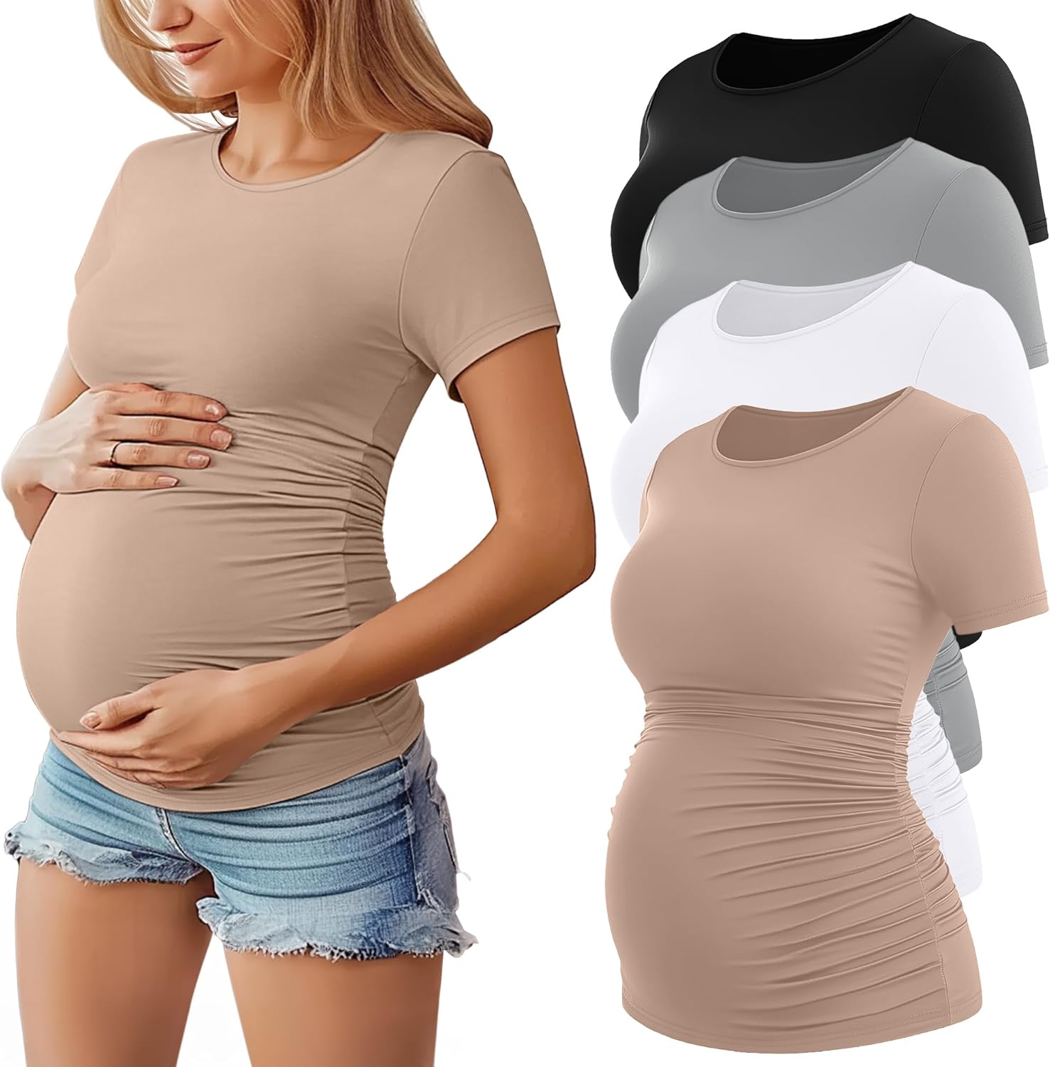 Huukeay 4 Pack Women's Maternity Shirts, Crew Neck Maternity Top Short Sleeve Casual Cotton Tee Side Ruched Pregnancy Clothes