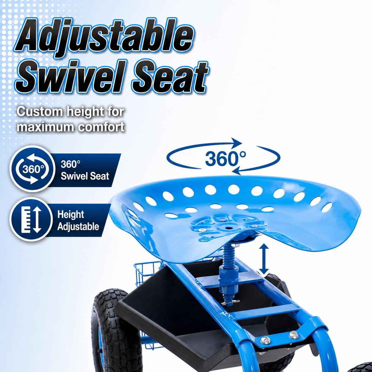 KATSU Tools Carrito de jardín rodante con mango de dirección extensible, bandeja de herramientas de utilidad, asiento de trabajo giratorio de 360° y altura ajustable, carrito de taburete de taller