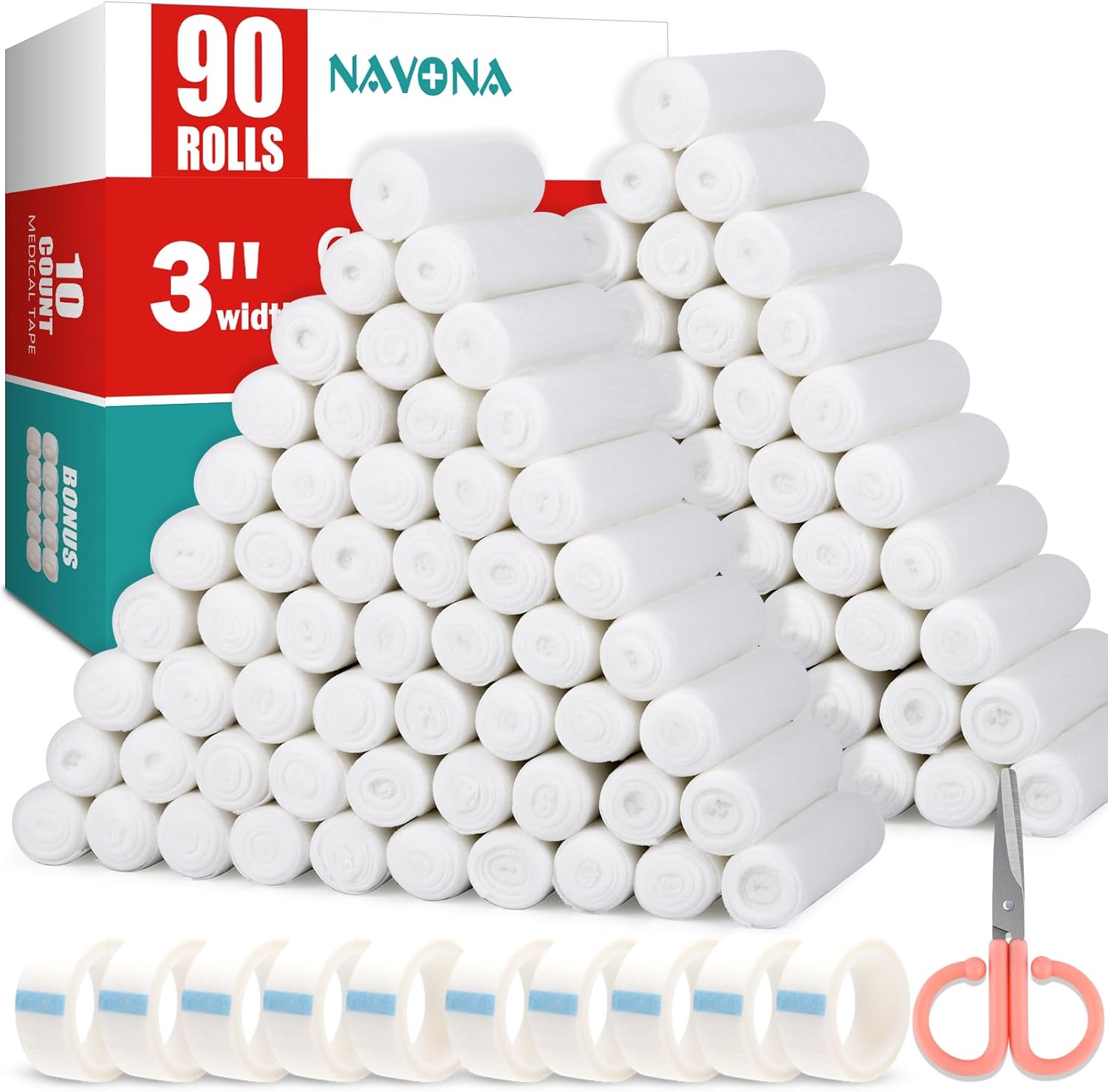 90 Pack Gauze Rolls Bandages, 3 in x 4.1 Yards, Individually Wrapped Breathable Rolled Gauze, Mummy Wraps, Premium First Aid Supplies & Medical Supplies for Wounds