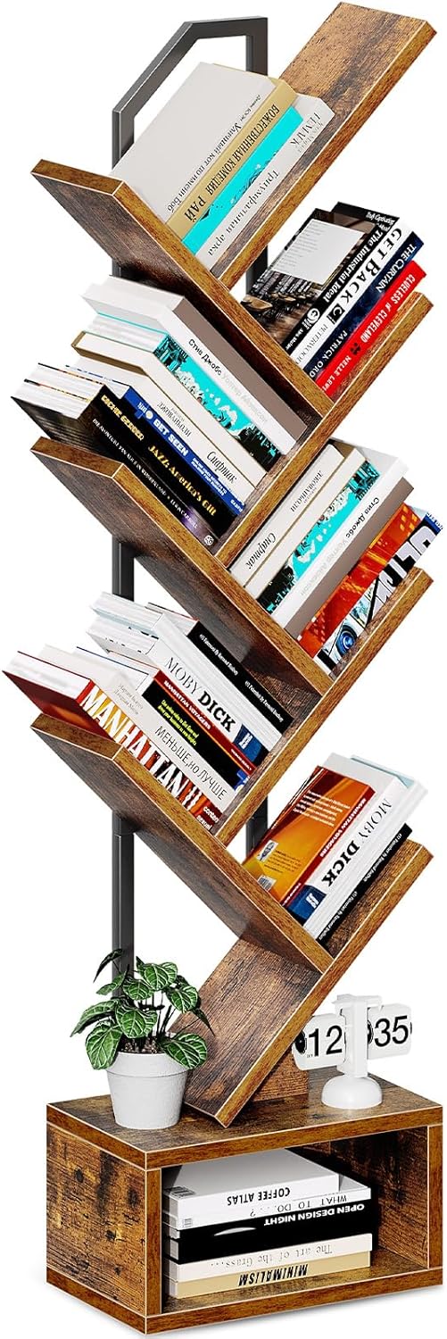 Coleshome Libreria ad Albero, Scaffale a 6 ripiani con divisori, Scaffale Legno Adatto per soggiorni e camere da letto, Marrone
