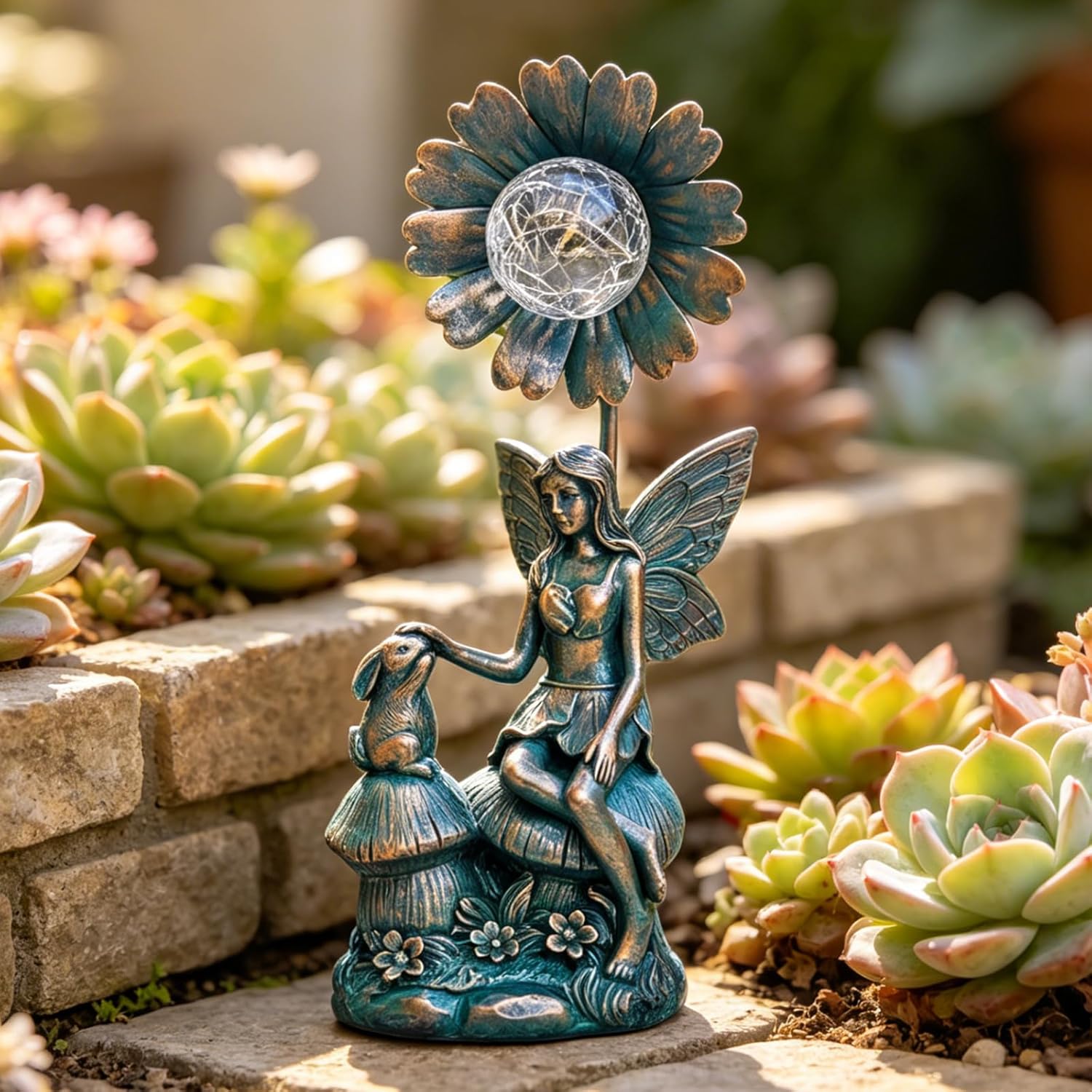 Garden Solar Fairy Statue - Mushroom Seat, Touching Rabbit, Iron Flower Glass Ball, Whimsical Outdoor Ornament