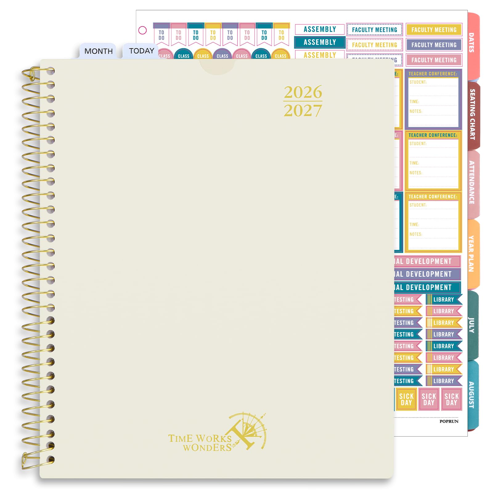 POPRUN Planificador para profesores 2026-2027, 8.5 x 11 pulgadas, libro de lecciones académicas para profesores (26 de julio al 27 de junio) semanal y mensual con libro de calificaciones, bolsillo de