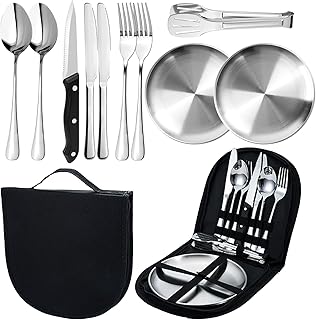 10 Piezas Vajilla Camping para 2 Personas Plata,Juego de Cubiertos de Acero Inoxidable con Platos,Cuchillos,Tenedores,Cucharas y Pinza,Incluye Estuche de Transporte