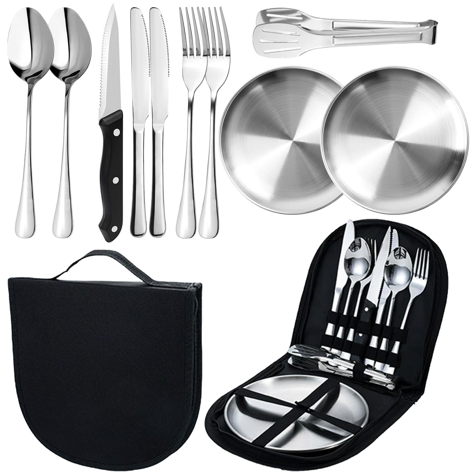 MORAINJAY Silver Camping Cutlery Set for 2 Person,10P Portable Tableware Set for Hiking,Food-Grade Stainless Steel Picnic Utensils Set with Spoons Forks Knife Clip Plate,Case with Zipper