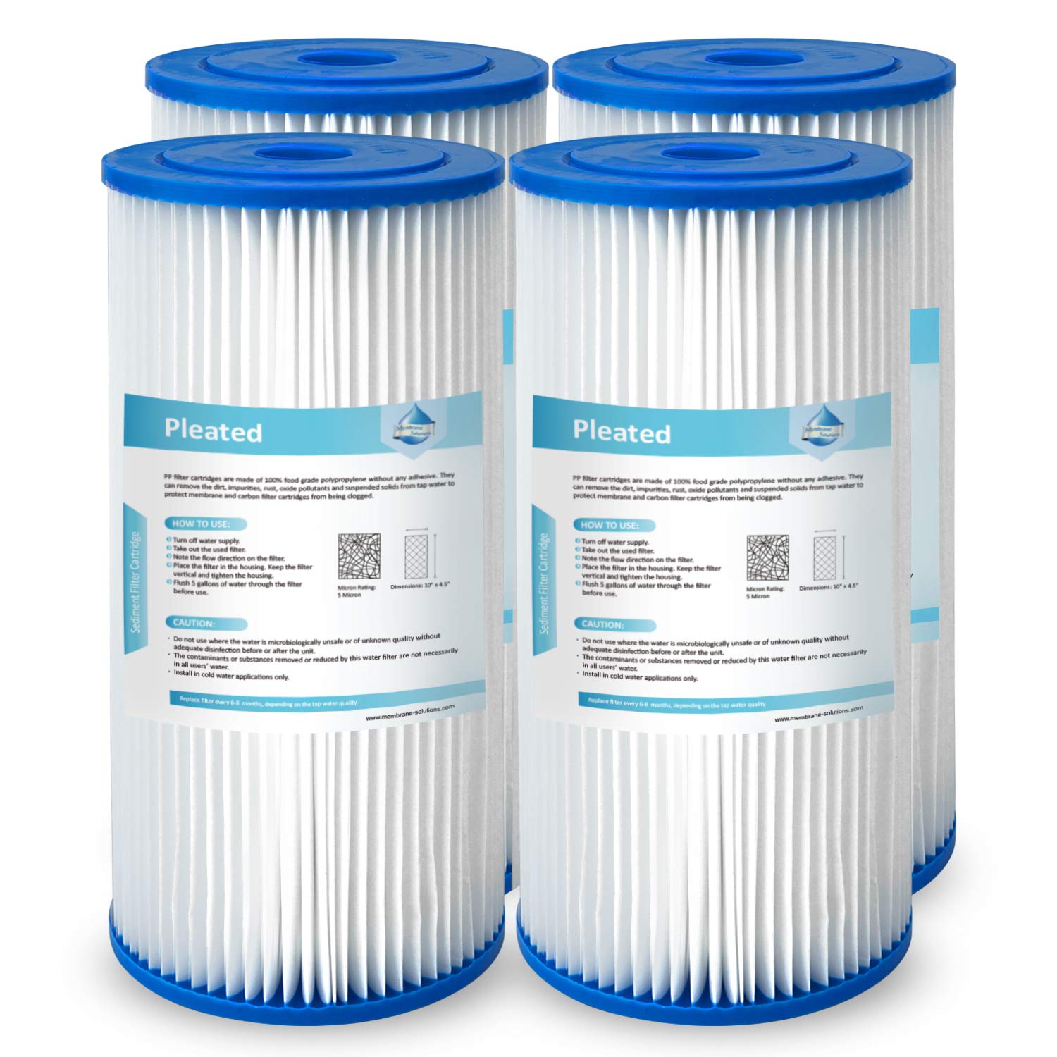 Membrane Solutions 50 Micron Pleated Water Filter Home 10"x4.5" Whole House Heavy Duty Sediment Replacement Cartridge Compatible with ECP10-1,ECP20-BB,R50-BBSA,FXHSC,CB1-SED10-BB (4 Pack)