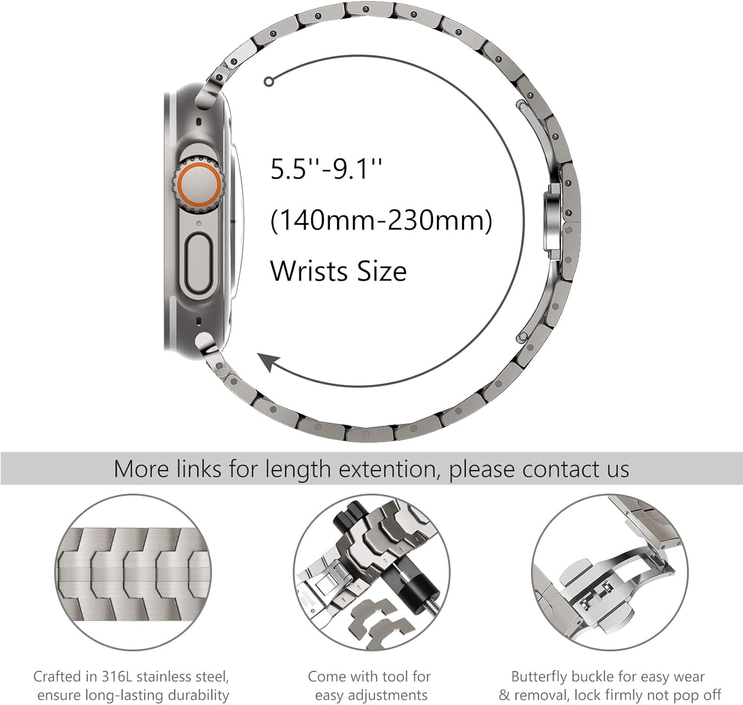 WINGLE Stainless Steel Bands for Apple Watch Band Ultra 3/2/1 Band Ultra 49mm Series 11 10 46mm 45mm 44mm 42mm SE 3/2/1 Series 9 8 7 6 5 4 3 2 Men, Classy Business Rugged Metal iWatch Bands, Titanium - Image 5