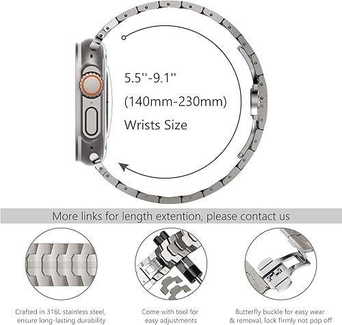 Miniatura 5 de WINGLE Correa de metal de acero inoxidable compatible con Apple Watch Ultra Band de 1.929 in, 1.772 in, 1.732 in, 1.654 in, serie 8, serie 7, para