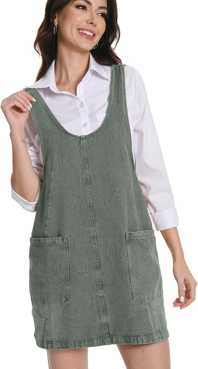Mars Guard Denim Skirtall Dress for Women Jean High Roller Overalls Fashion Casual Sleeveless Mini Dress Jumper with Pockets