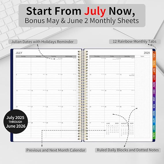 2025-2026 Planner 25-26 Quarterly Week & Monthly - July 2025-June 2026 A4 Weekly Planner with Colorful Tabs Hardcover Memo Pages Pocket Spiral Bound 8.5x11