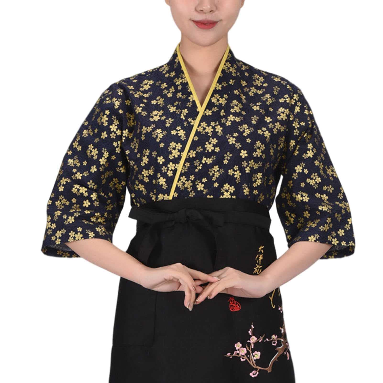 DNJKH Mens Women Sushi Japanese Kitchen Uniform Breathable Chef Jacket Izakaya Chef Waiter Workwear Coat