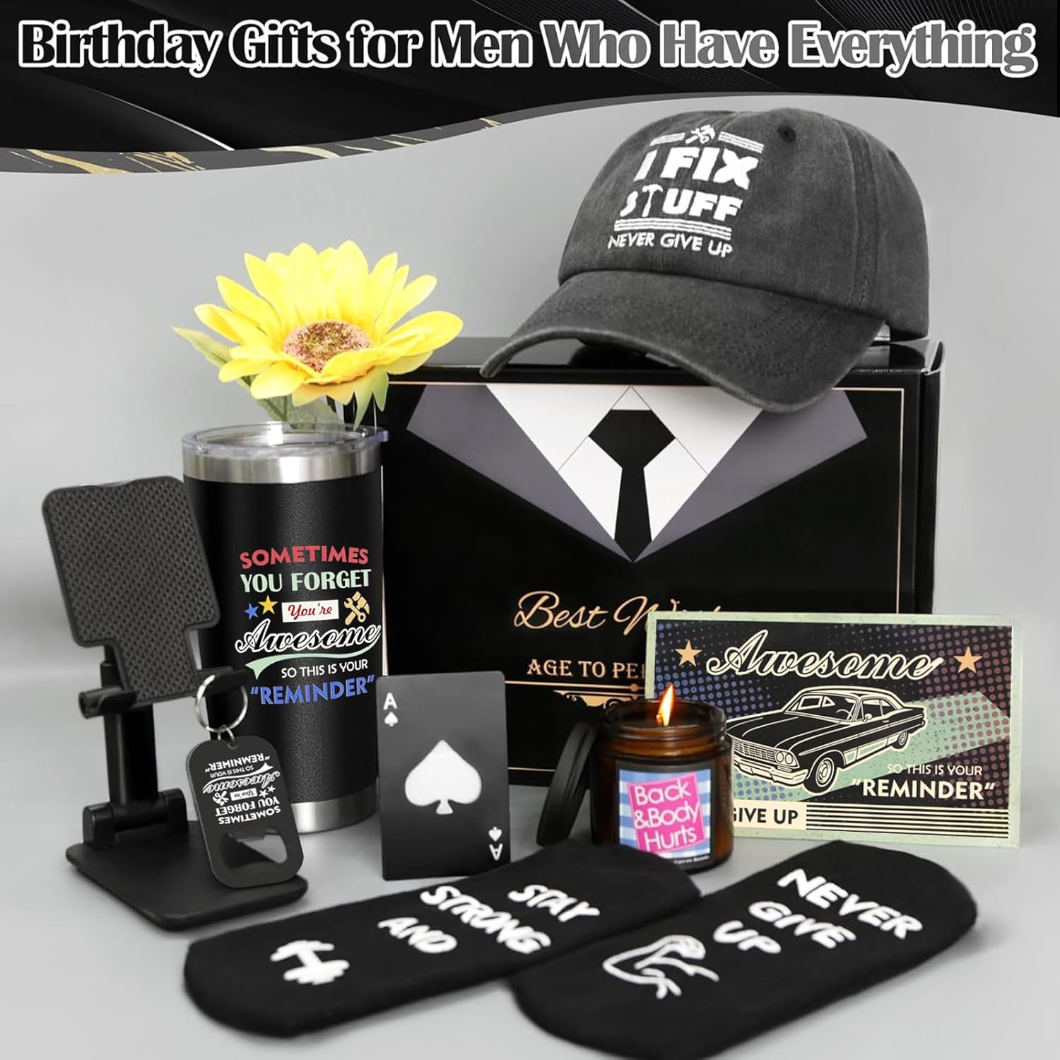 Birthday Gifts for Mens Him Who Have Everything, Unique Birthday Gift Baskets for Men Dad Husband Brother Boyfriend, Funny Grandpa Uncle Father Presents Man Black Thank you Gifts Ideas