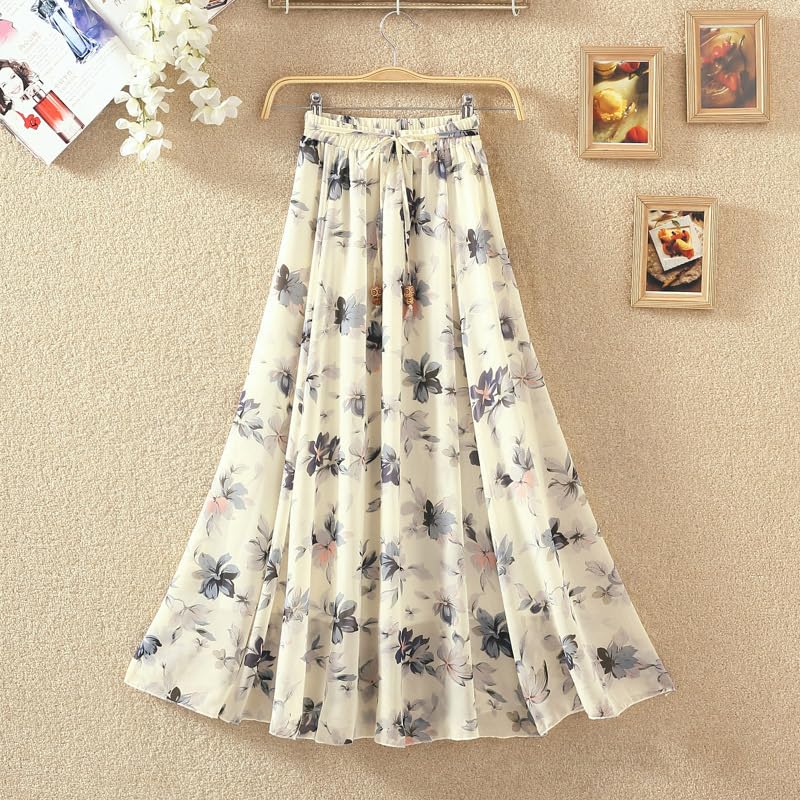 Women’s Chiffon Floral Print A-line Midi Skirt Lightweight Dressy Casual Elastic Waist Boho Flowy Skirts for Women3