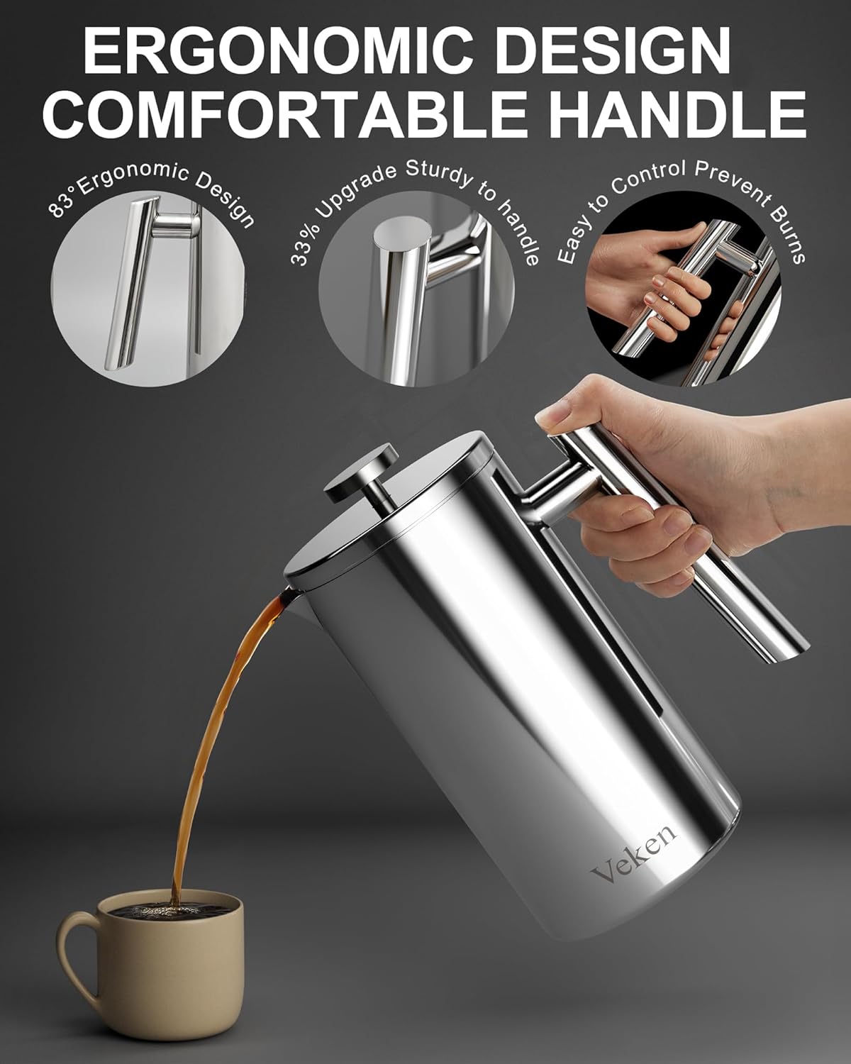 Veken French Press Coffee Tea Maker 34 Ounce 1 Liter, Double Wall Vacuum Insulated Stainless Steel Coffee Press with 4 Filter Screens, Rust-Free, Silver