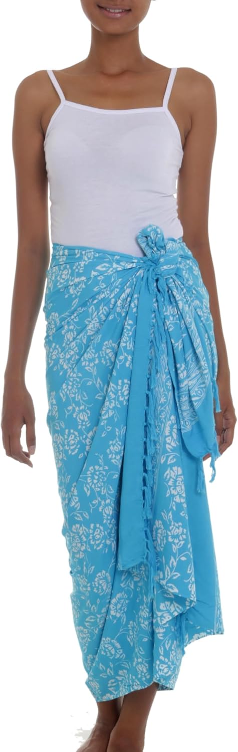 NOVICA Handcrafted Tie Dye Sarong Pareo Wrap for Women, Batik Cover Up, Lightweight Beach Skirt from Bali ' Tropical Garden in Cerulean'