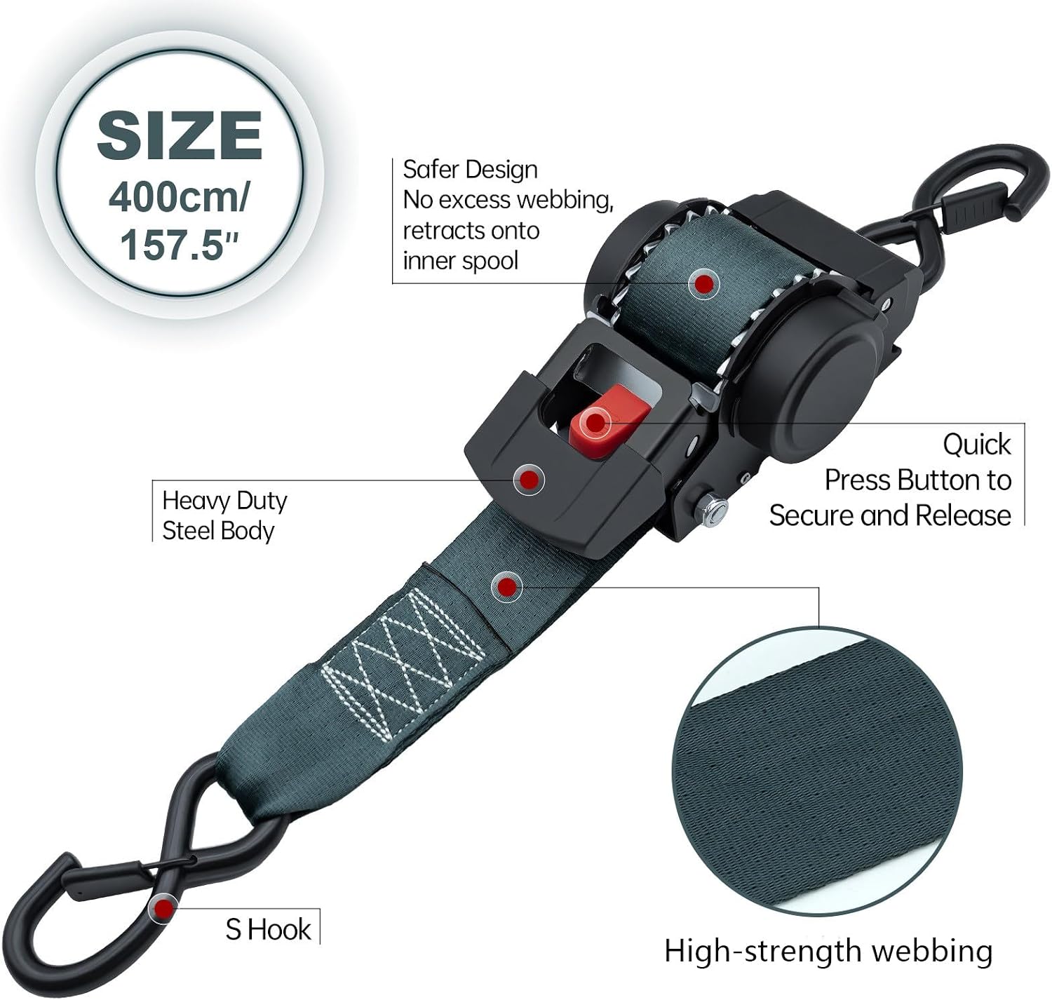 Heavy Duty Retractable Ratchet Tie Down Straps 2" x 13FT 2 Pack, 3500 lbs Break Strength Cargo Straps with Safety Lock S Hooks, No Tangle Tie Downs for Trailer Truck Motorcycle ATV Moving