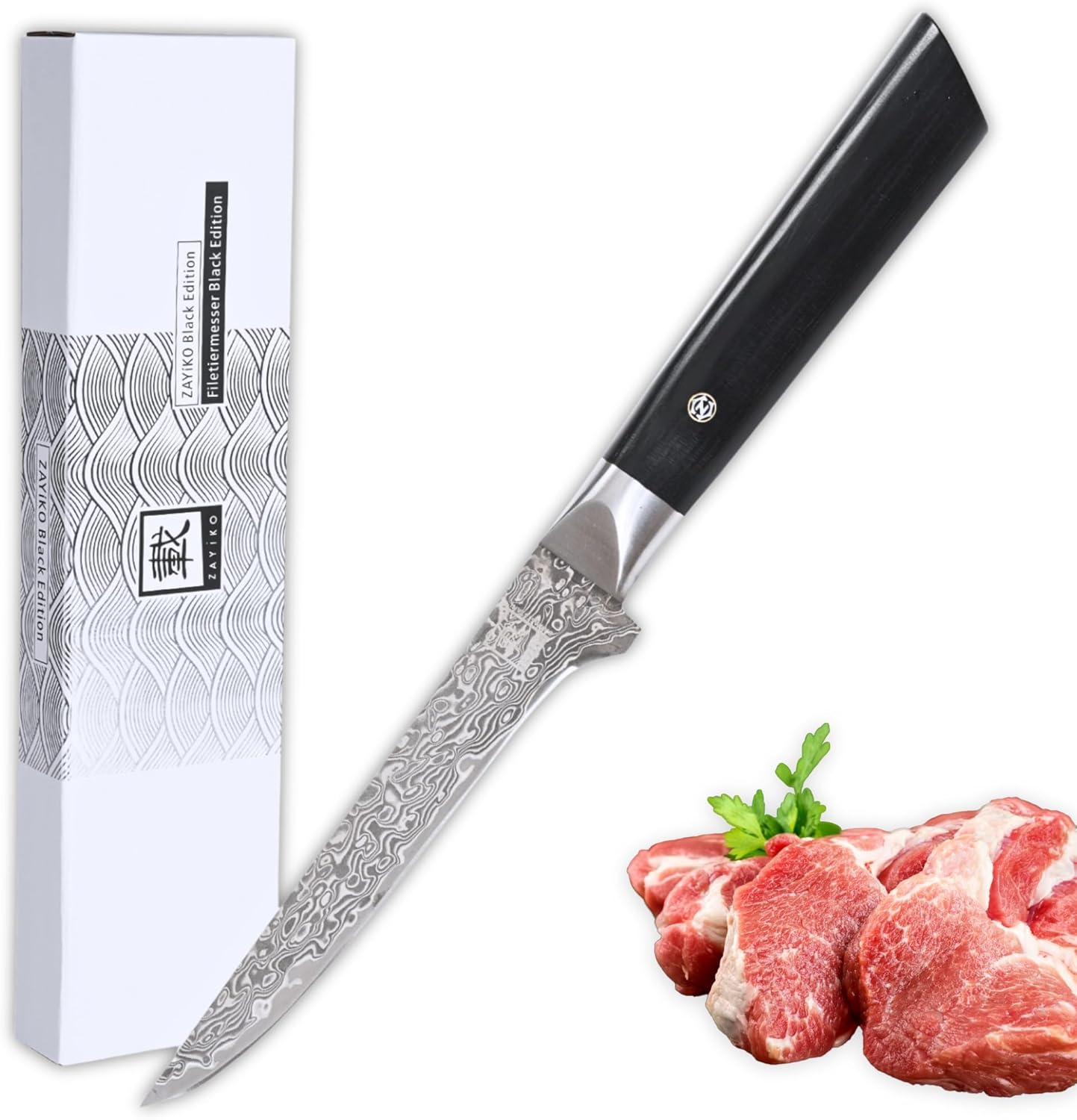 zayiko Black Edition Damascus Filleting Knife Boning Knife | 14 cm blade made of 67 layers of VG10 Damascus steel | Pakkawood handle | Kitchen knife for boning and paring meat | Elegant gift box