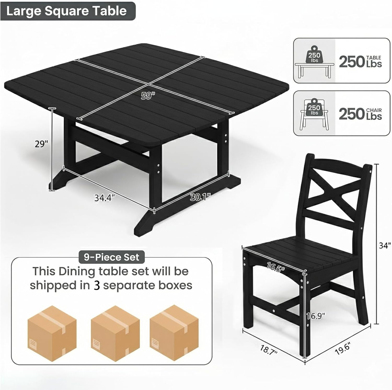 Outdoor Dining Set, HDPE 9-Piece Patio Table and Chairs Set, All-Weather Outdoor Dining Table Set for 8 with Umbrella Hole, Durable Patio Furniture Set with Chairs,Black