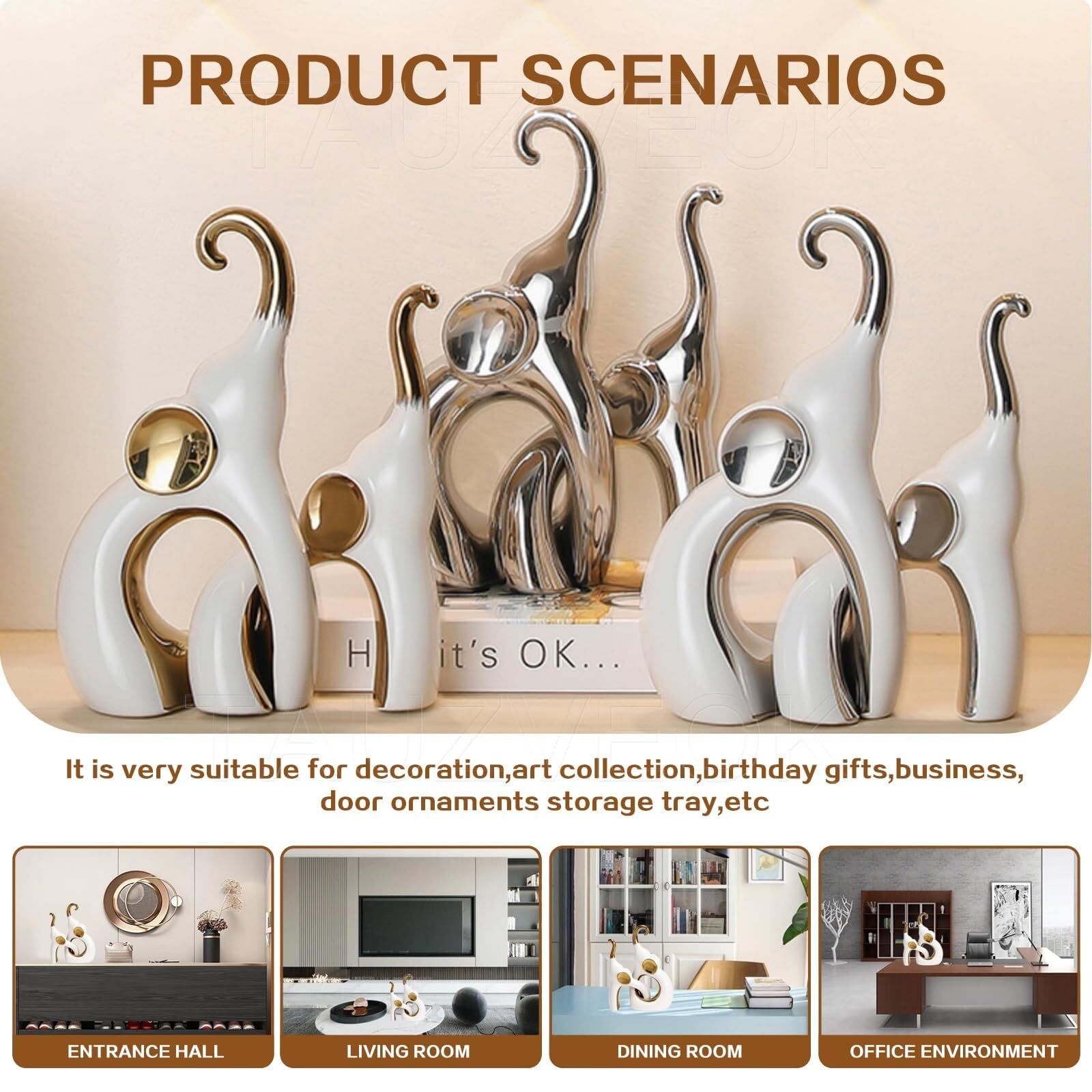 Regalos para Mujeres Elefante Deco Escultura Estatua De Cerámica Moderna Decoración para estanterías(Gold)