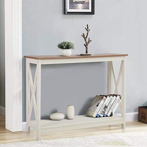 Miniatura 4 de Sophia & William Mesa consola de granja con estante de almacenamiento, mesa de sofá de 2 niveles para entrada, pasillo, sala de estar, marfil