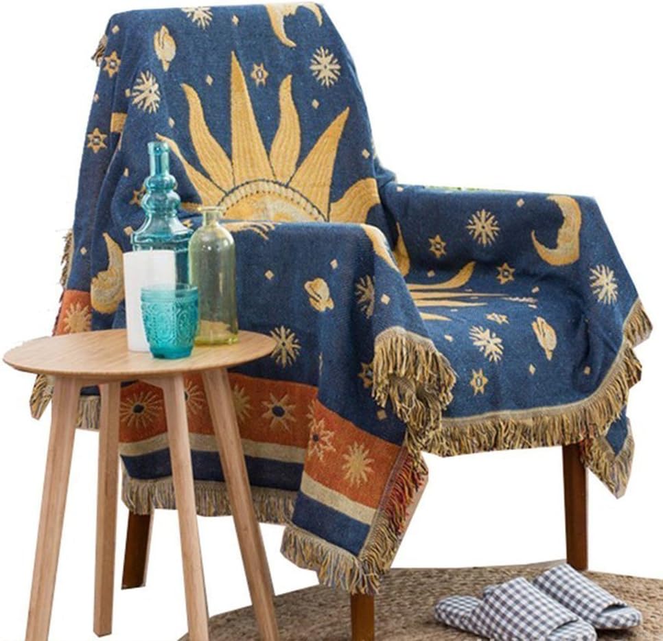 Moon and Sun Throw Blanket Multi-Function Double Sided Cotton Woven Couch Throws Tassels Blue Yellow 51"X71"