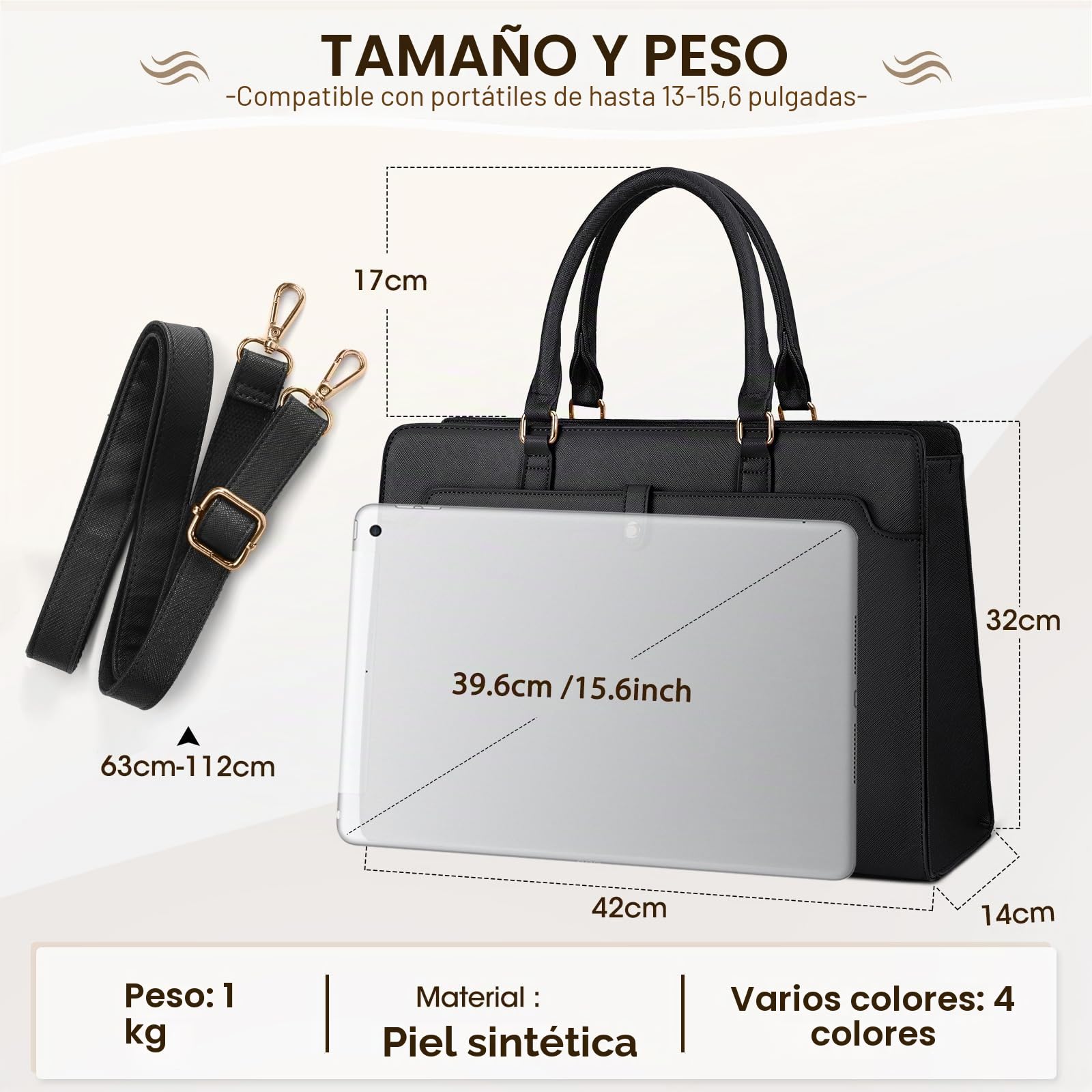 RAINSMORE Bolso Mujer Grande Bolsos Universidad Mujer Impermeable Bolso Ordenador Portatil 15.6 Pulgadas Cuero PU Bolso Shopper Trabajo Tote Negro