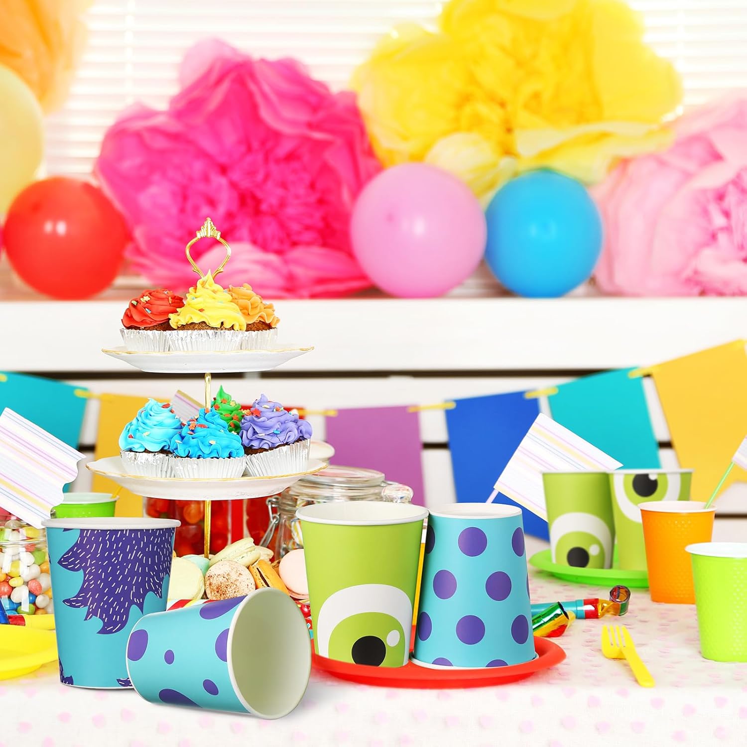 Vesici 100 Pcs Monster Party Supplies 9 oz Disposable Paper Cups Cartoon Blue Purple Green Monster Themed Party Cups for Girl Boy Birthday Baby Shower Decorations
