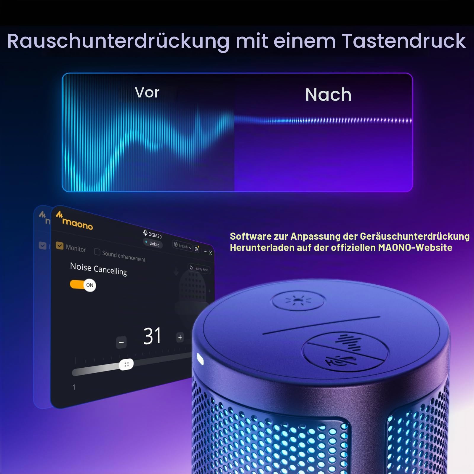 MAONO DGM20S Gaming USB Mikrofon, Noise Cancellation Kondensator Mic mit Mute, Gain, Monitoring, Galgenarm, Pop-Filter für Streaming, Podcast