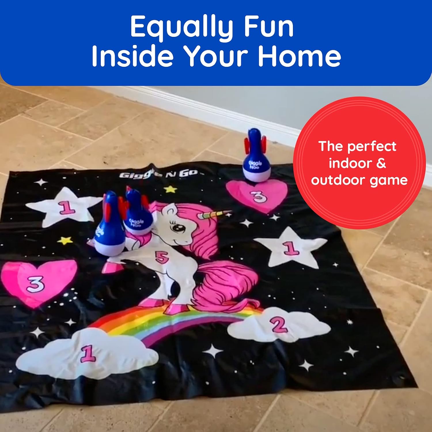 Giggle N Go Outdoor Games for Kids, Adults & Family - The Original Flarts Floor and Yard Darts Game with Inflatable Pins, Lawn Pegs and Mat - Monster Theme ﻿ : Toys & Games